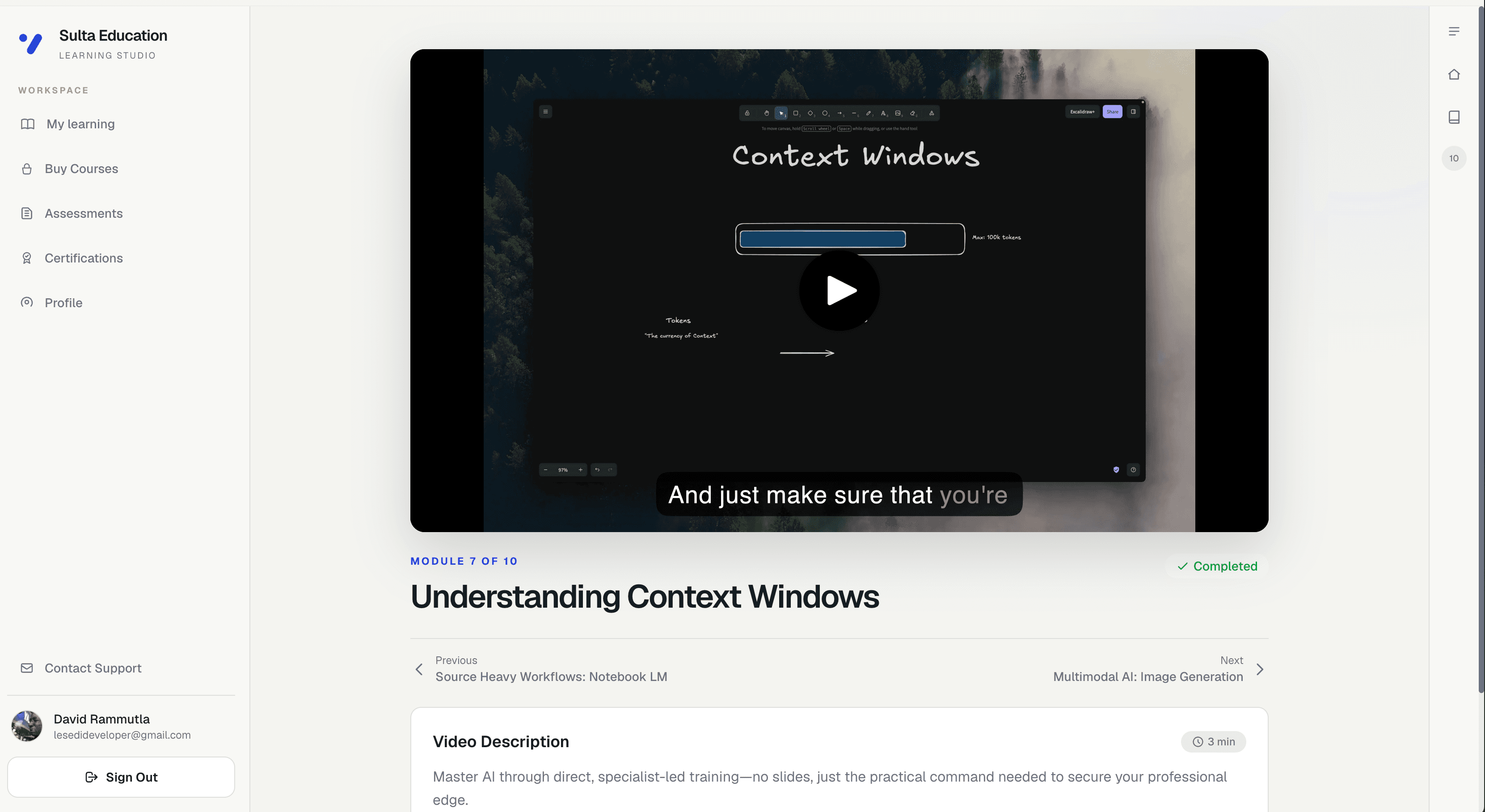 The AI Fluency learning platform showing the Understanding Context Windows video lesson